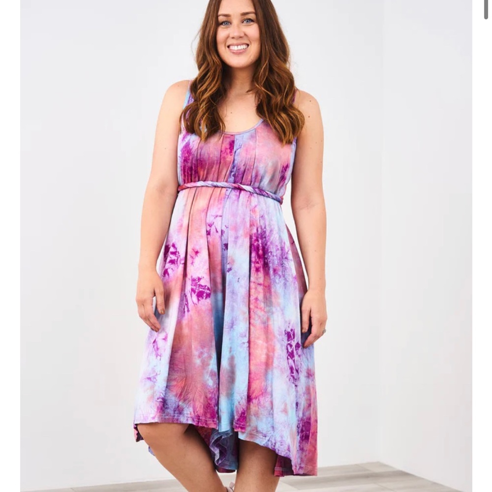 Latched Mama Tie-Dye Sleeveless Midi Jumpsuit Romper in Purple Pink Blue